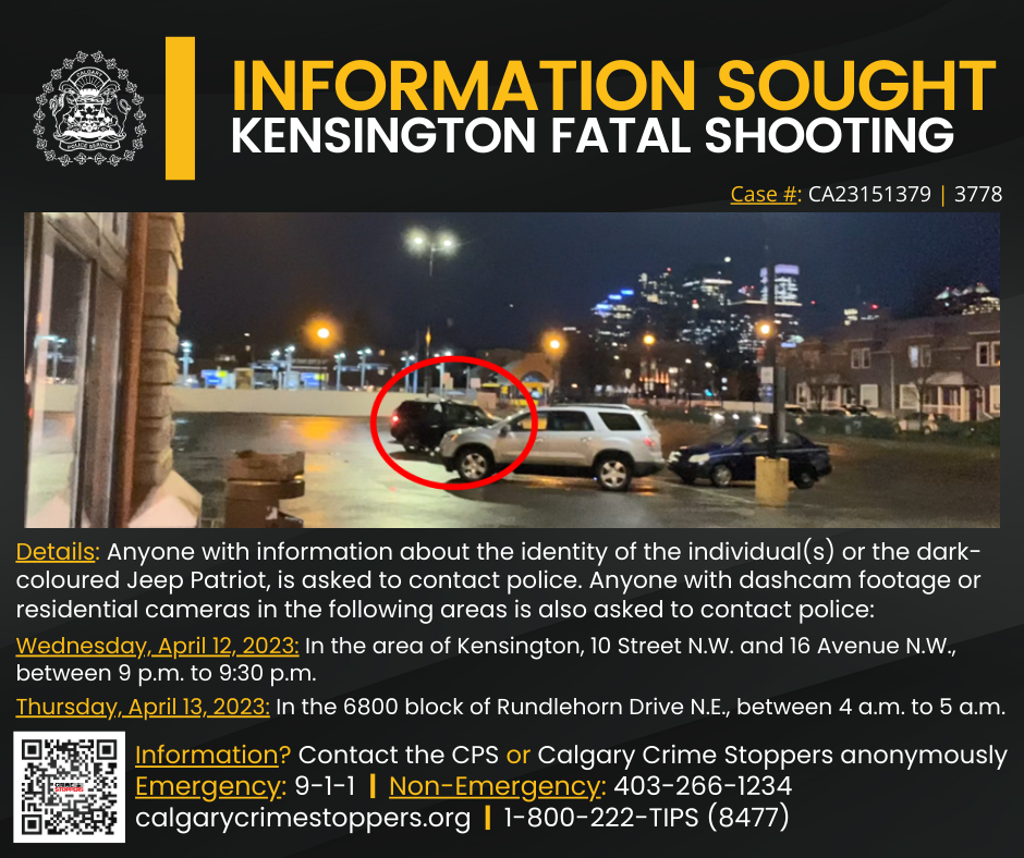 Calgary police information poster about a Jeep Patriot sought by CPS in a shooting in the Kensington area in Calgary