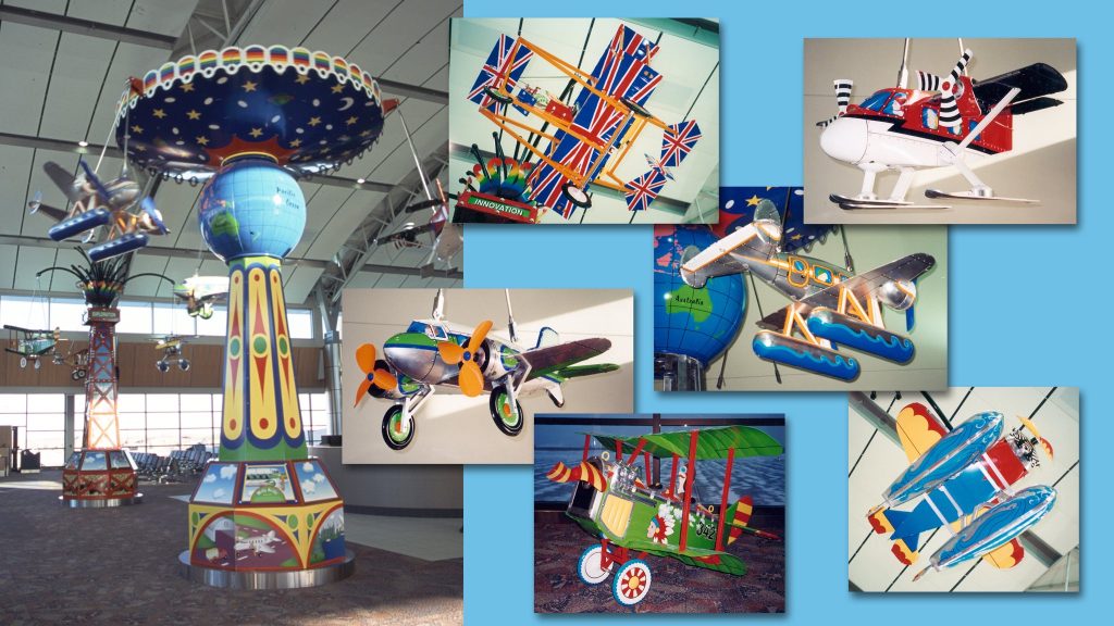 A collage of photos of Jeff de Boer's toys at the Calgary International Airport