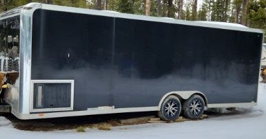 A black 2013 Pace American Cargo trailer that Airdrie RCMP seek after it was allegedly stolen Friday morning