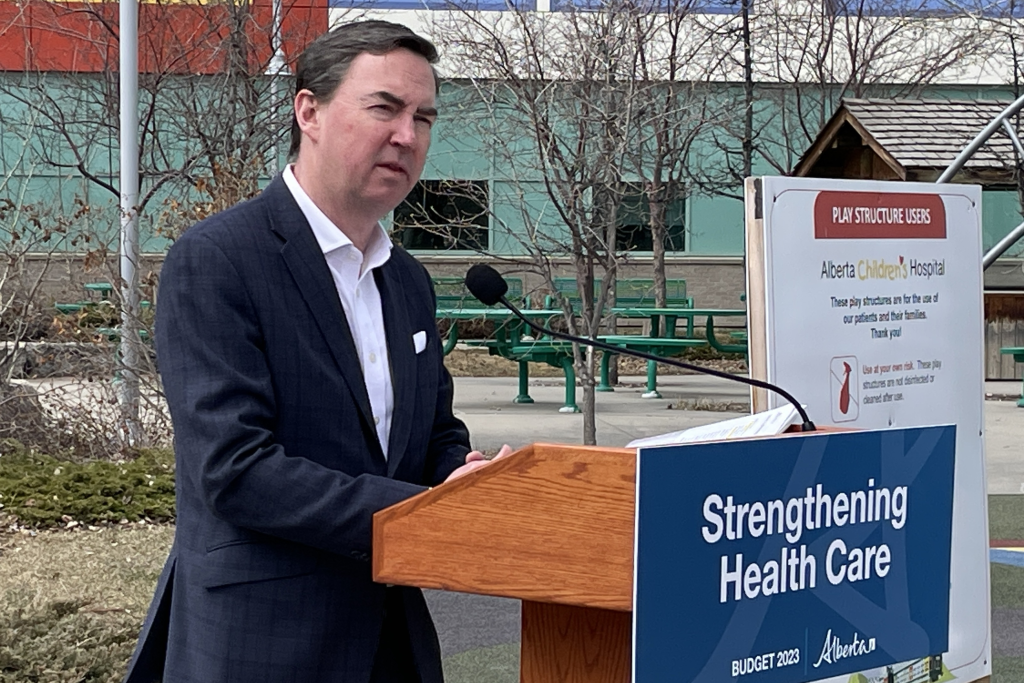 Alberta Health Minister Jason Copping speaks at the Alberta Children's Hospital in Calgary on Monday, April 24, 2023