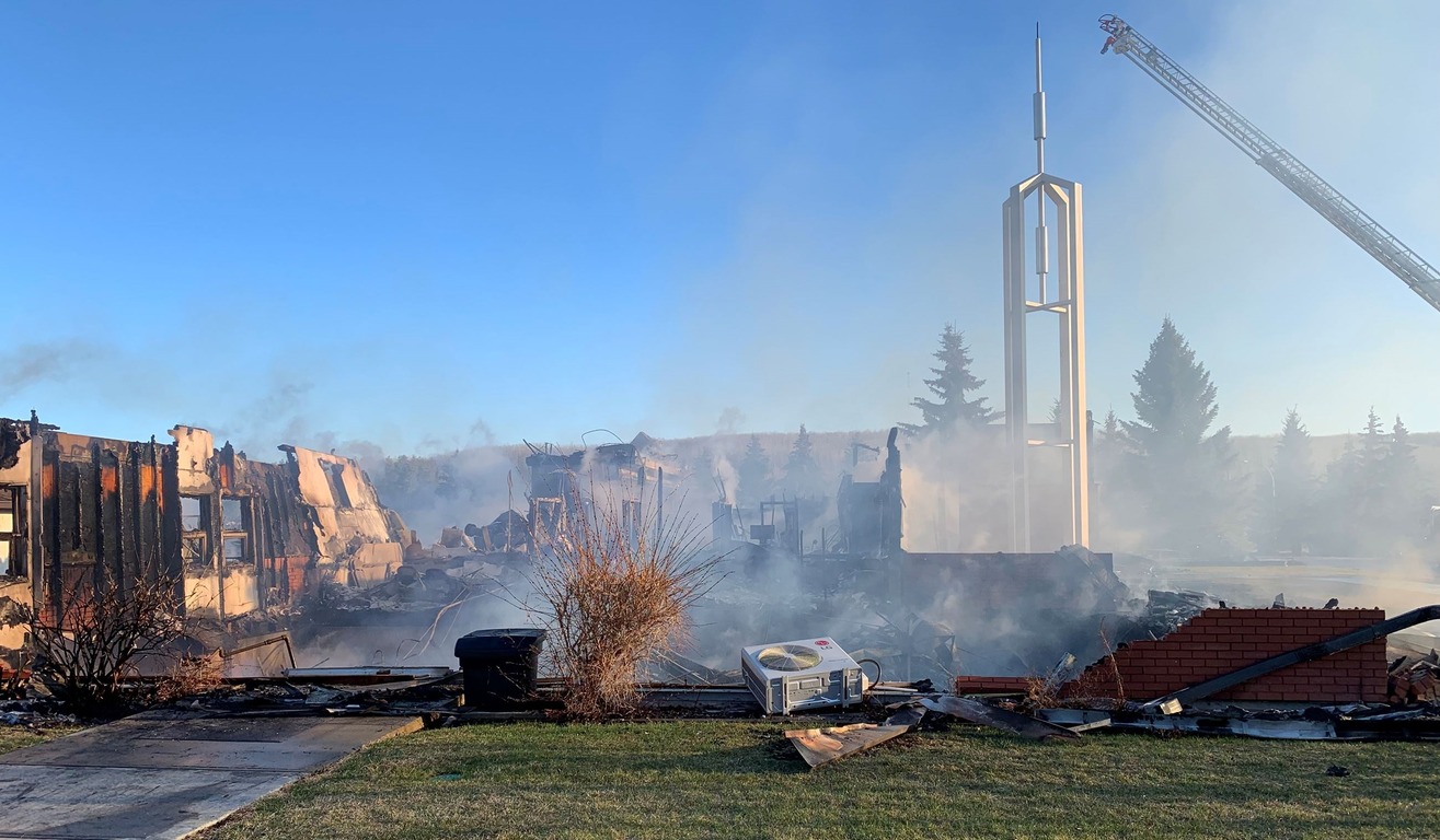 The Church of Jesus Christ of Latter-day Saints in Cherry Grove, Alta., east of Cold Lake, was burned to the ground in a case of suspected arson in the early morning hours of Friday, April 28, 2023. (Courtesy of Photo courtesy of Bonnyville Regional Fire Authority).