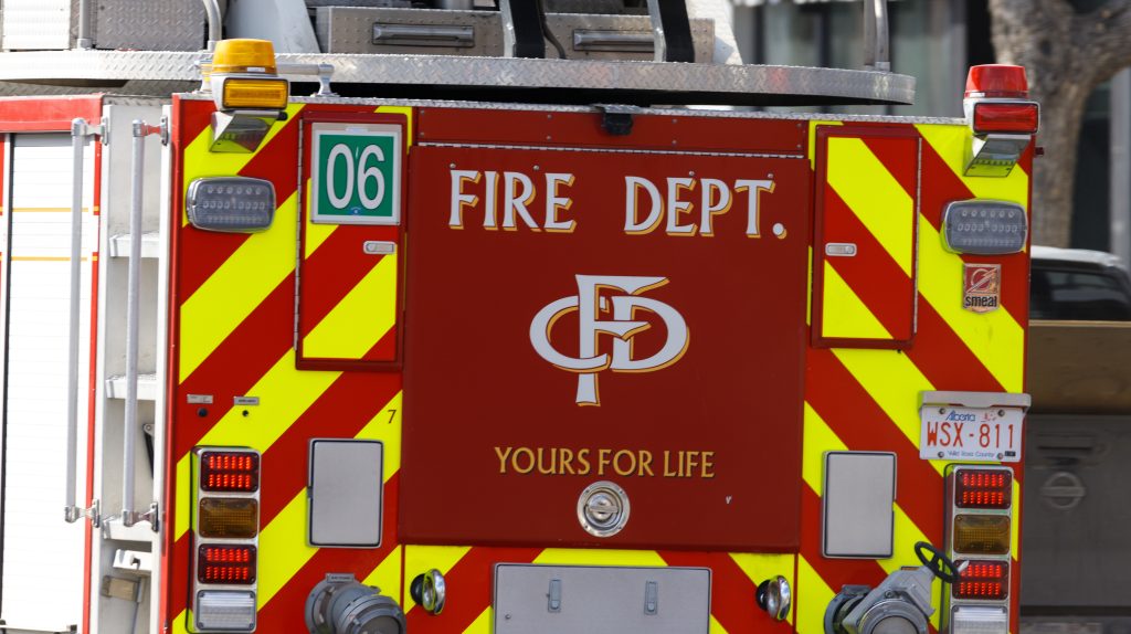 The back of a Calgary Fire Department truck on 17 Avenue SW in Calgary