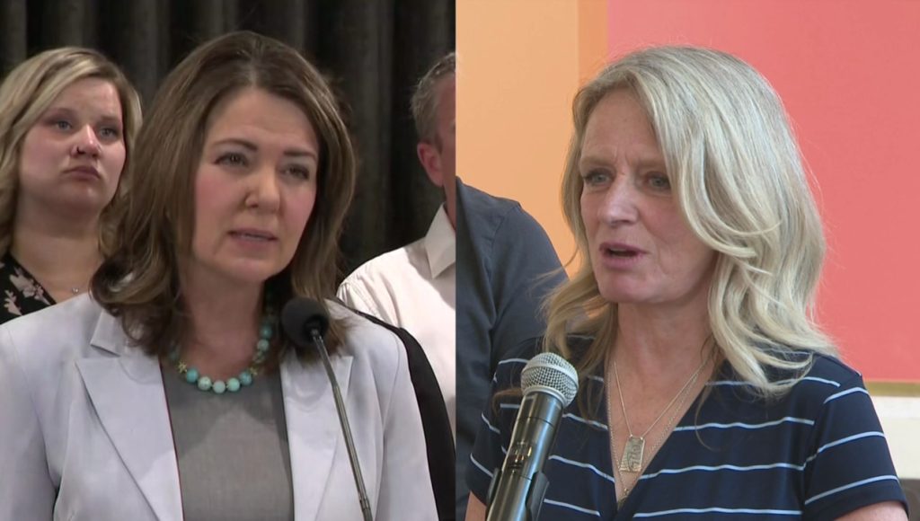 UCP leader Danielle Smith speaks at a news conference about mandatory drug treatment, and NDP leader Rachel Notley speaks at a news conference about offering small businesses a tax break, both in Calgary