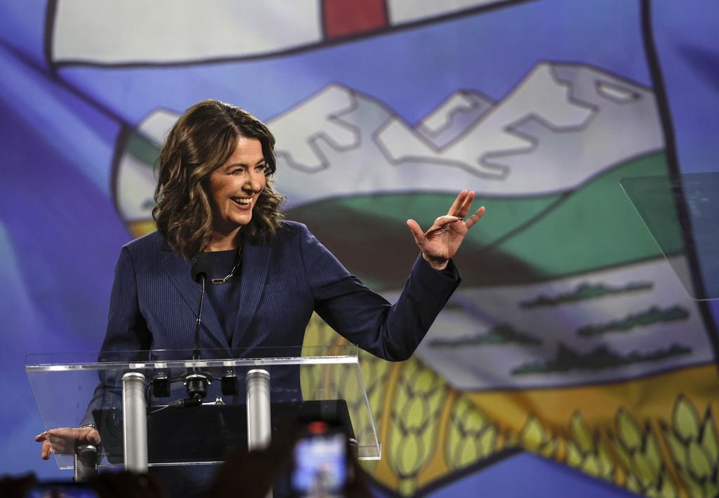UCP Leader Danielle Smith makes her victory speech in Calgary on Monday May 29, 2023