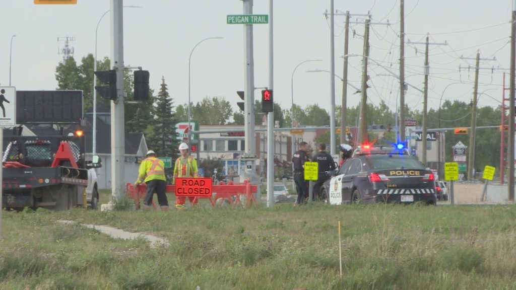 The scene of a two-vehicle crash on Peigan trail in southeast Calgary