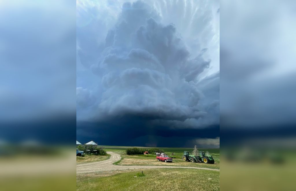 A thunderstorm that looks to be producing a tornado, according to Environment and Climate Change Canada, near Enchant, Alta