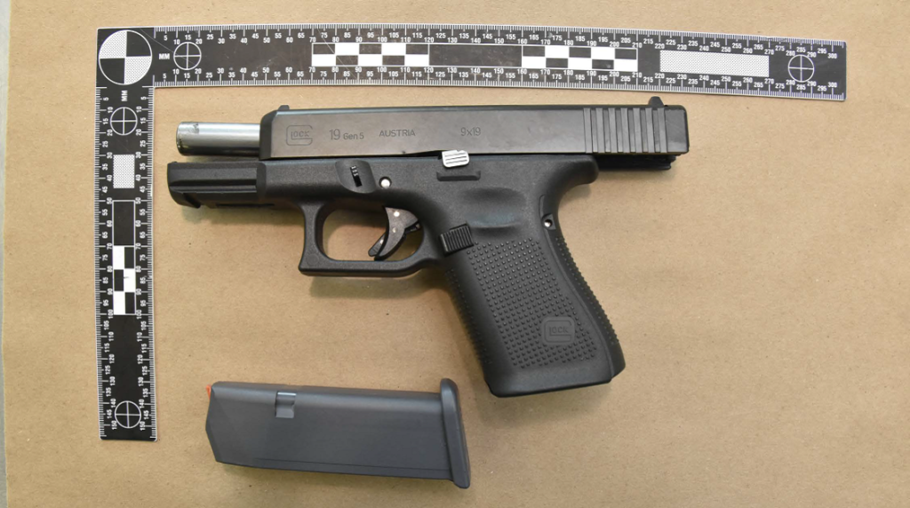 A Glock G5 9mm handgun with the serial number removed