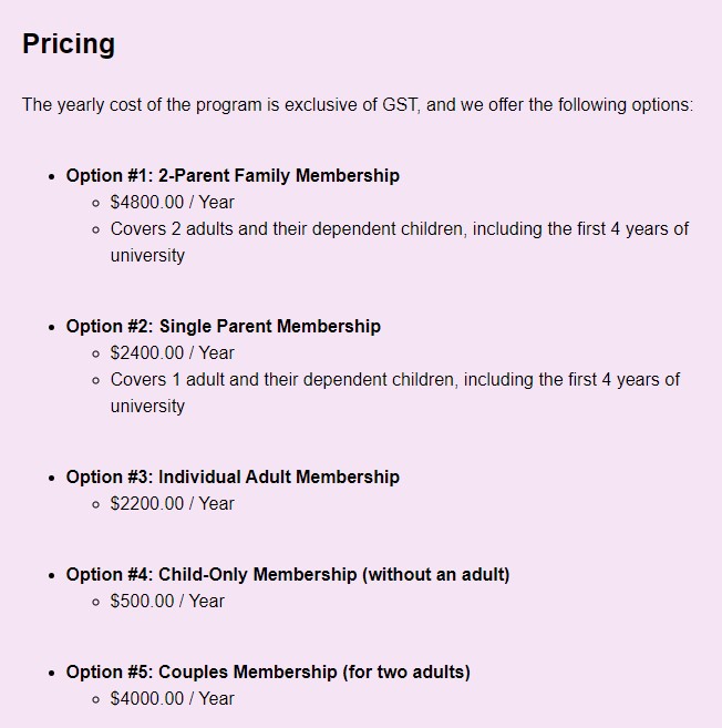 Screenshot of email from Marda Loop Medical Clinic on the prices of the membership