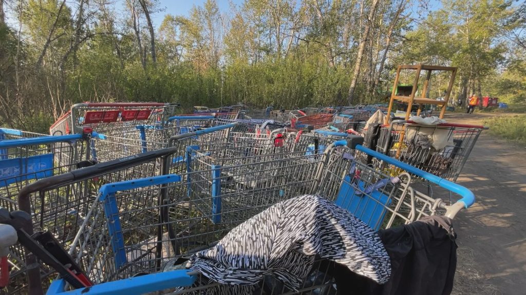 Shopping carts at an encampment in Calgary