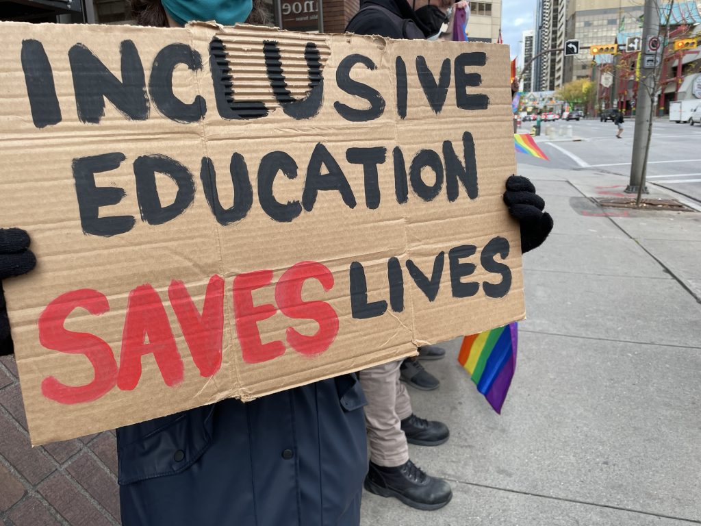 Protestors and counter protestors gathered across the country Wednesday, Sept. 20, 2023 to advocate for and against the use of preferred gender pronouns, gender neutral bathrooms, and opposing teaching about gender and sexual diversity in schools. In Calgary, many gathered at the downtown Harry Hays building to stand for their beliefs.