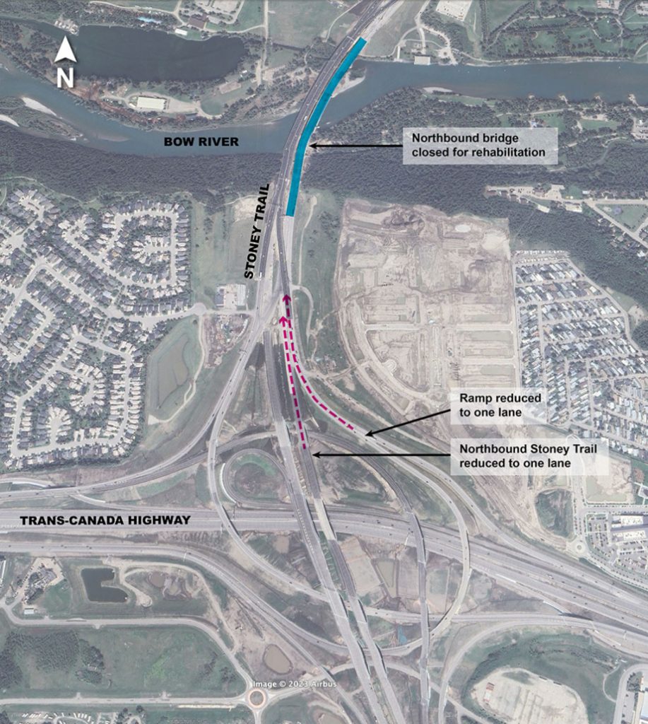 Officials say all movement at the Old Banff Coach Road and Trans-Canada Highway interchanges will open to traffic in Calgary, but northbound Stoney Trail will be reduced to one lane approaching the Bow River bridge until bridge rehabilitation is complete, along with the northbound bridge over the river re-open