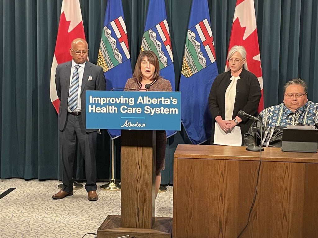 Adriana LaGrange speaks at an announcement in Calgary on Wednesday, Oct. 18, 2023. The province is spending millions to make changes to the primary healthcare system.