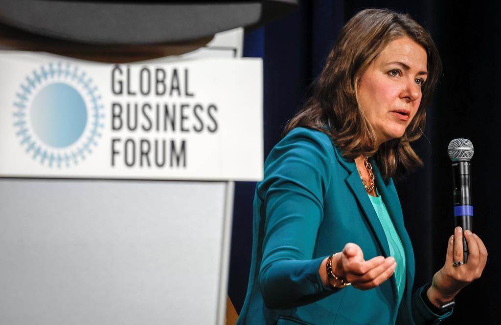 Alberta Premier Danielle Smith speaks to business leaders at the Global Business Forum in Banff, Alta., Friday, Sept. 22, 2023.THE CANADIAN PRESS/Jeff McIntosh