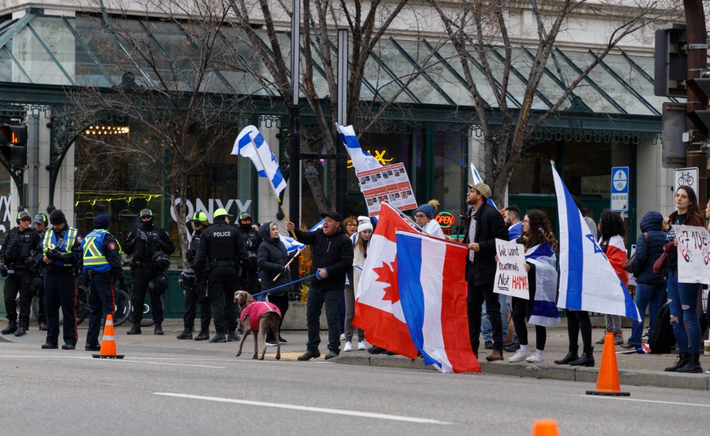 People rally in support of Israel at Olympic Plaza in Calgary