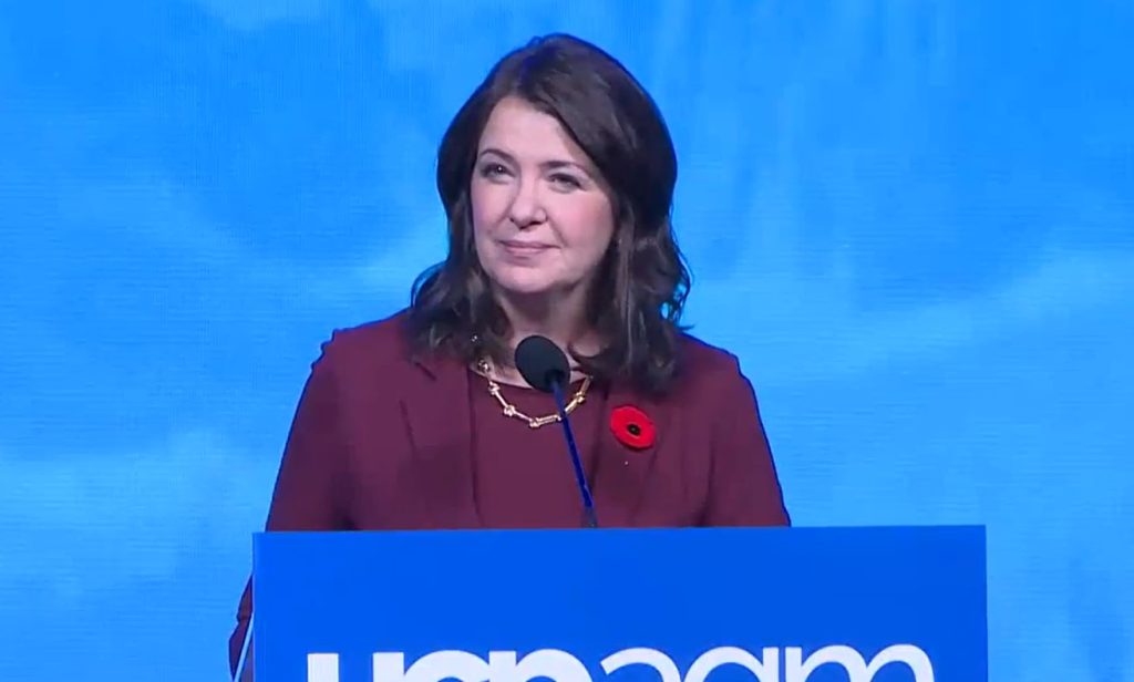 Alberta Premier Danielle Smith speaks at the United Conservative Party's annual general meeting at Calgary's BMO Centre on Sunday, Nov. 5, 2023