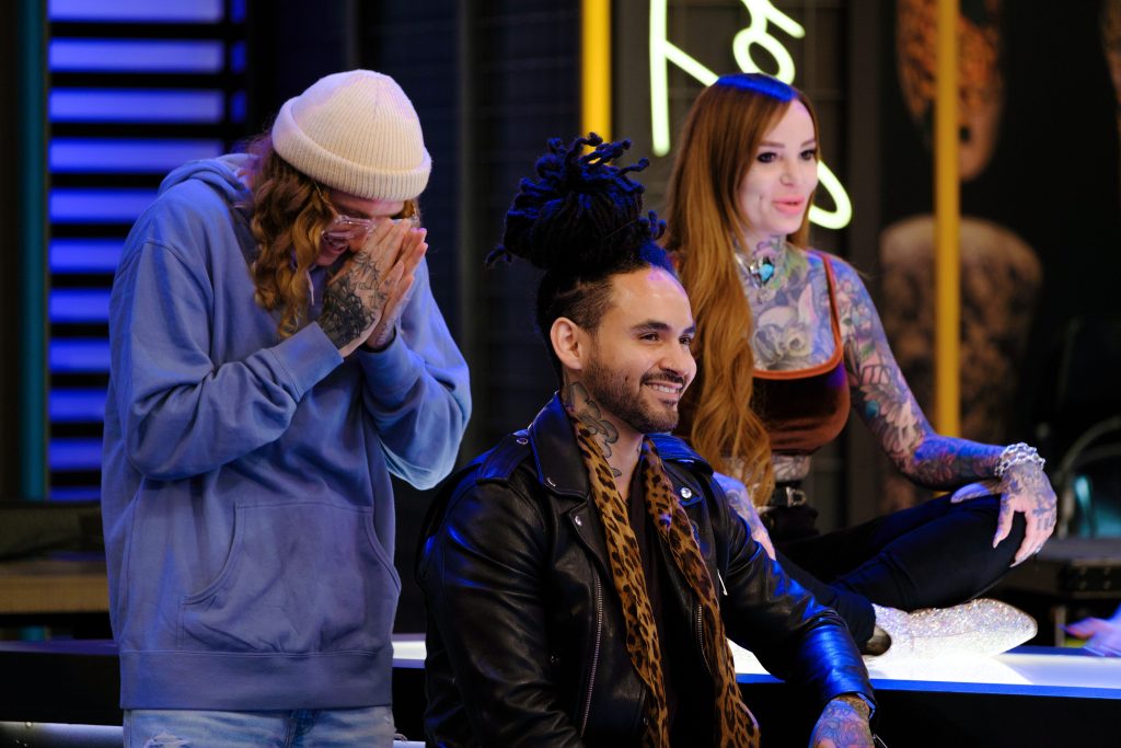 Contestants Bobby Johnson, left, John Mesa, centre, and Calgarian Sydney Dyer shown in the 15th season of reality show Ink Master