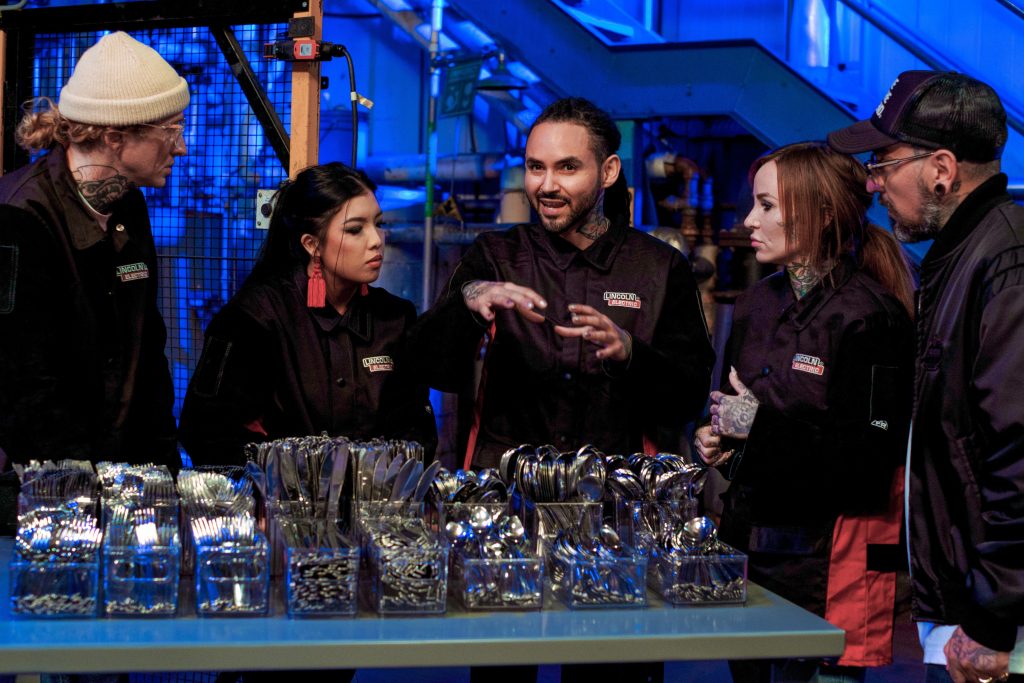 From left to right: Ink Master Contestants Bobby Johnson, Charlene Ngo, John Mesa, Sydney Dyer, and judge DJ Tambe