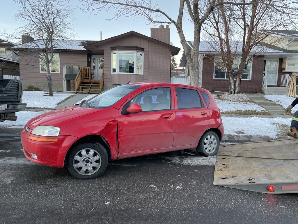 A Chevrolet Aveo involved in a fatal road rage incident in Ca;gary's northwest on Tuesday, Dec. 12, 2023. (Jehn Benoit, CityNews image)