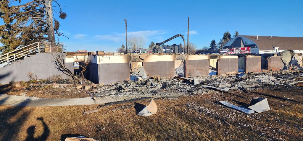 The Beiseker Seventh Day Adventist Church destroyed after a fire in Wheatland County, Alta, on Wednesday, Dec. 20, 2023.