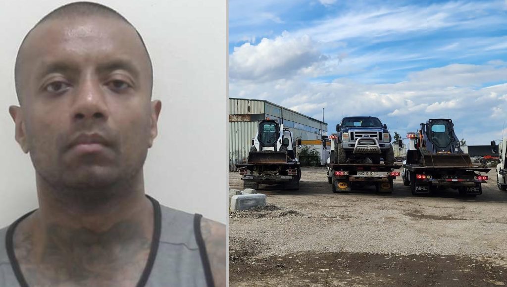A suspect and heavy equipment allegedly stolen by him in a combined photo