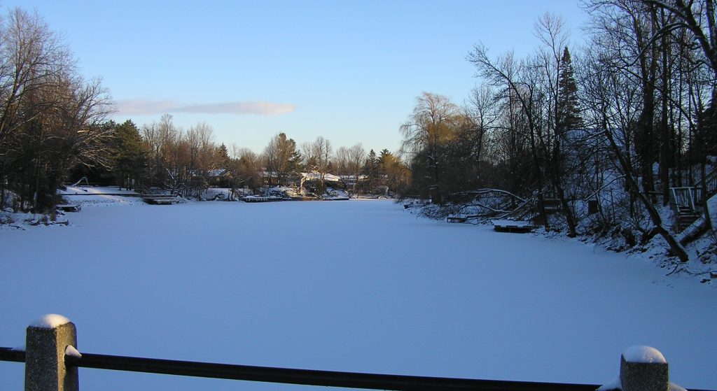 Undated photo of ice and snow-covered Rideau River near Manotick, Ontario