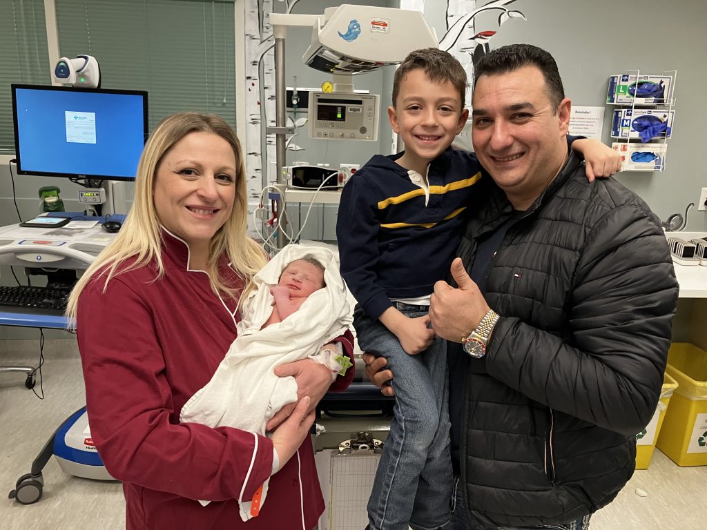 The Qiro family welcomed daughter Marianthi, Calgary’s New Year’s Baby for 2024, at 12:25am. L to R: Marina, Marianthi, Hector (brother) and Chris. (Courtesy Alberta Health Services)