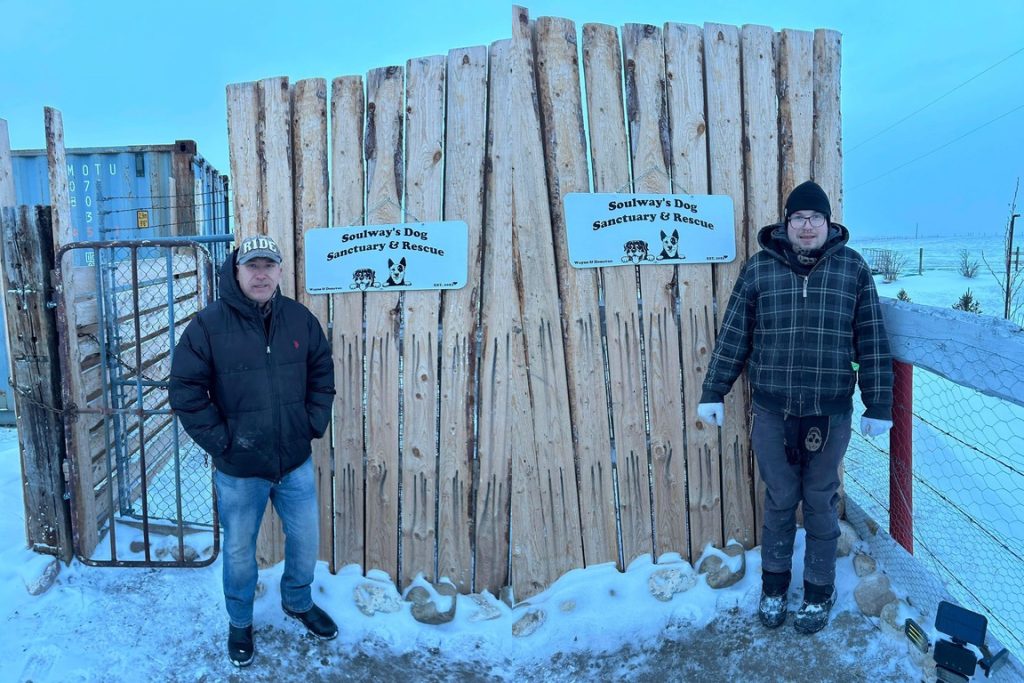 Wayne Solway, left, and his husband Donovan in two separate photos at Siksika First Nation, Alta
