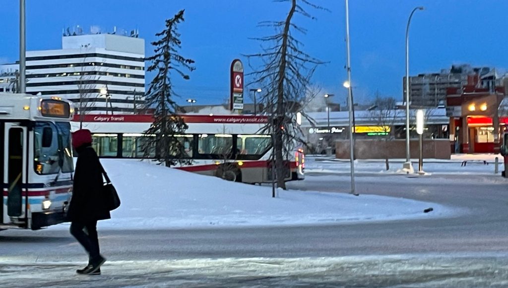 Commuters trying to catch a train into Calgary's downtown core Friday morning will likely face delays, Calgary Transit says. A rider catches a bus at Chinook Station on Friday, Jan 12, 2024. (Logan Stein CityNews image)