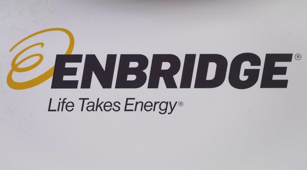 The Enbridge logo is shown at the company's annual meeting in Calgary