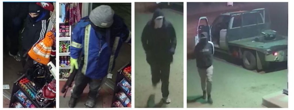 The Alberta and Saskatchewan RCMP are investigating a string of gas station robberies in various towns. The suspects are shown in screengrabs from surveillance cameras. (Courtesy Alberta and Saskatchewan RCMP)