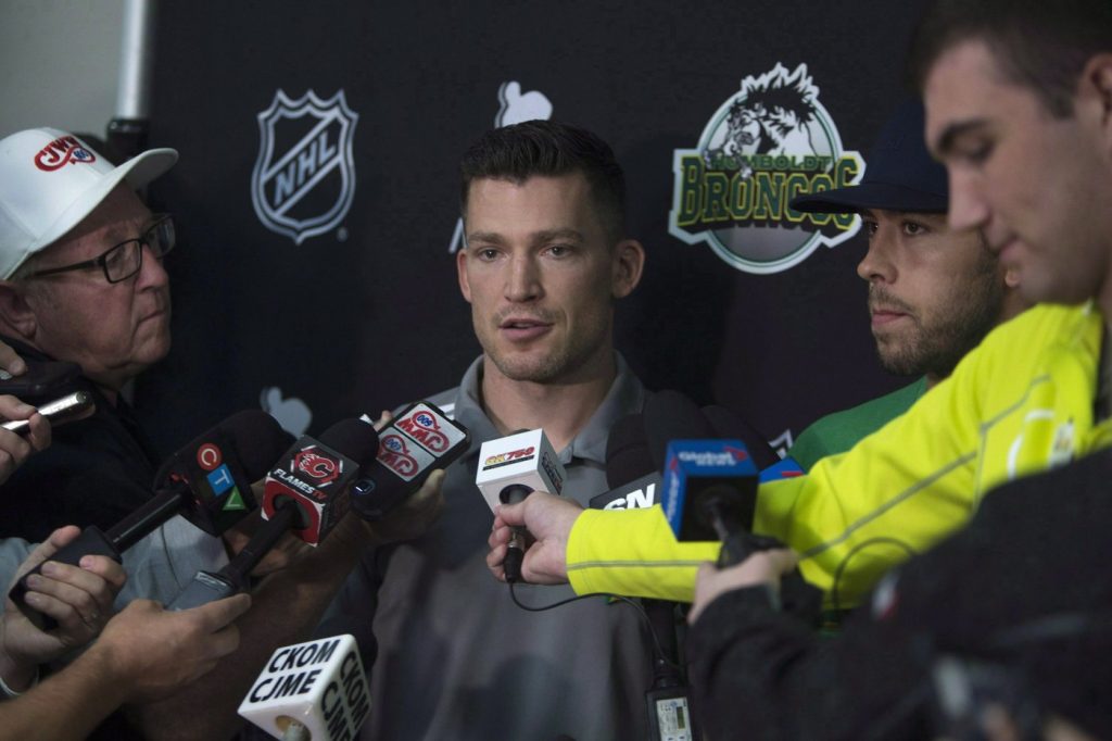 Former Edmonton Oilers' Andrew Ference speaks to the media during the Humboldt Hockey Day event in Humboldt, Sask