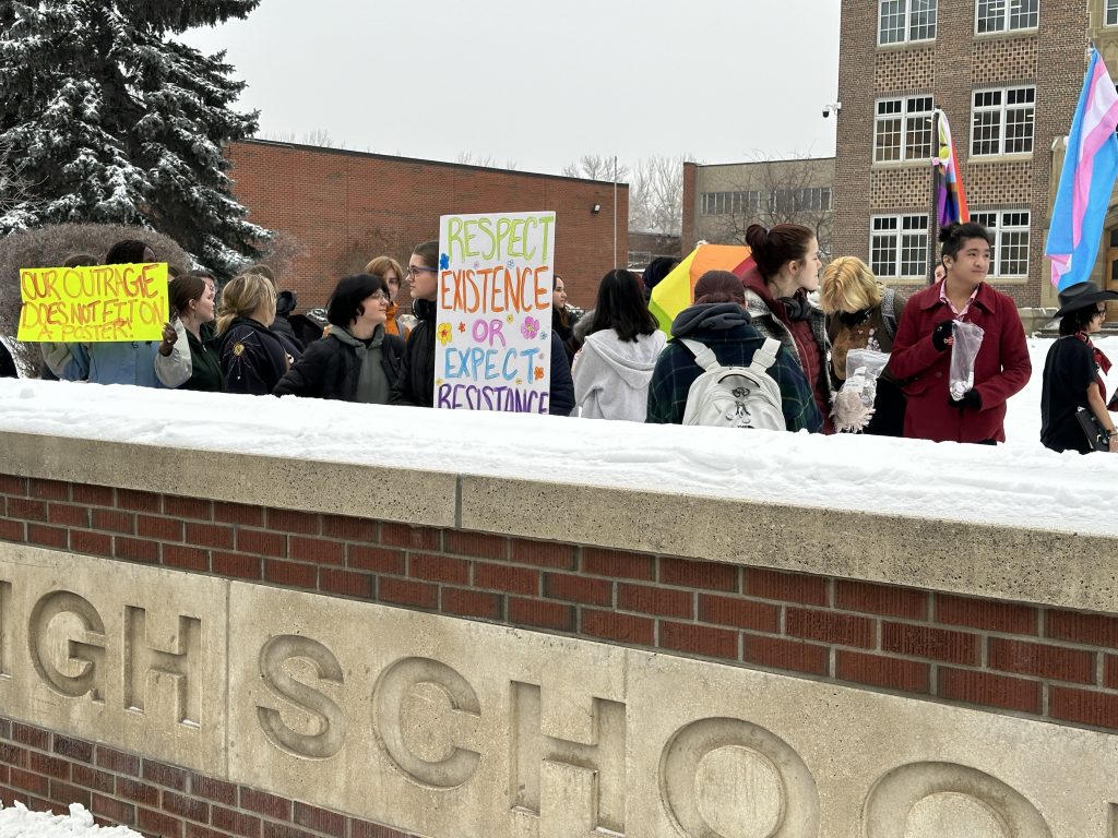 Students participate in a walk-out at Calgary's Western Canada High School on Wednesday, Feb. 7, 2024. Events were organized across the province in protest to Alberta's new proposed policies affected transgender youth. (Jillian Code, CityNews image)