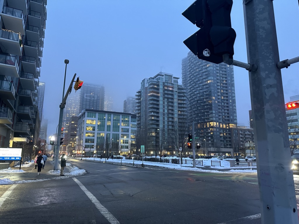 Fog in downtown Calgary on Thursday, Feb. 8, 2024. Fog and freezing drizzle advisories from Environment and Climate Change Canada (ECCC) have been issued for Calgary. (Lauryn Heintz, CityNews image)