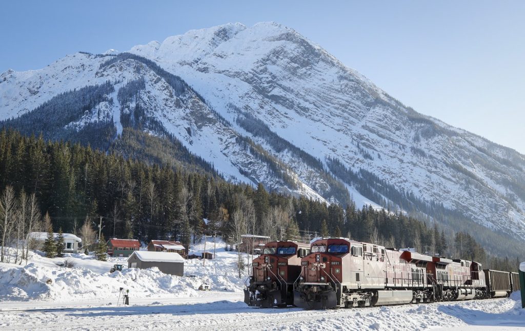 Eastbound trains wait in Field, B.C., for the line to be cleared following a derailment