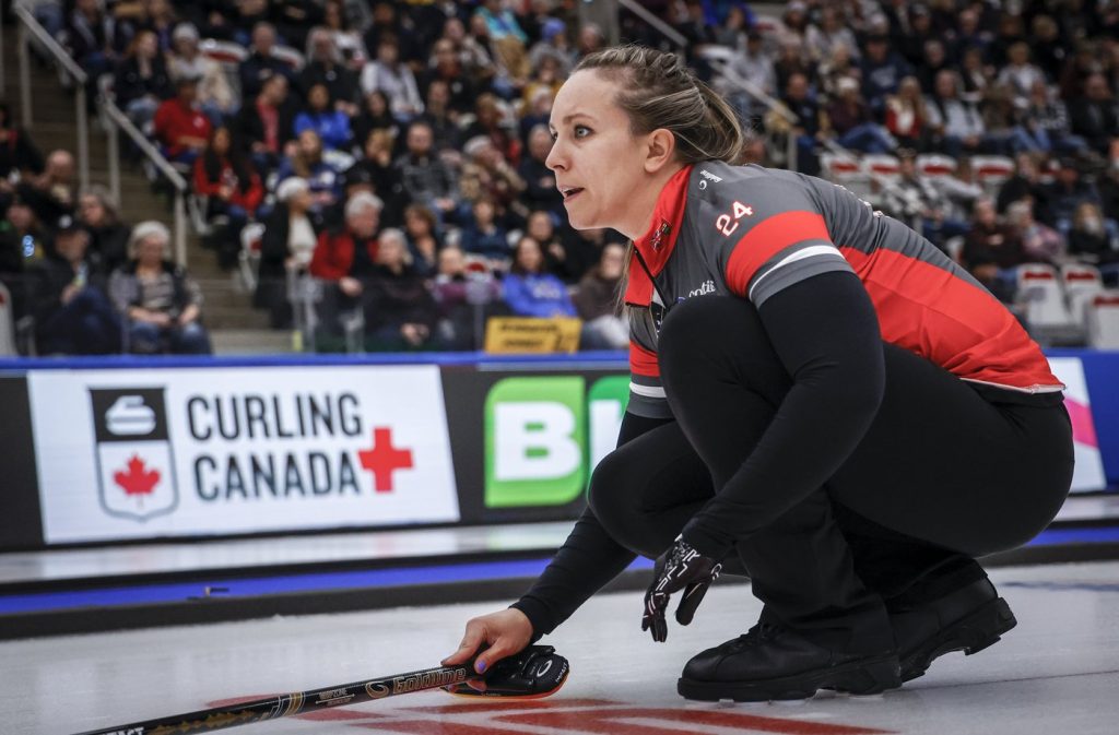 Team Ontario—Homan skip Rachel Homan watches her shot as they play Team Manitoba-Jones in Page playoffs at the Scotties Tournament of Hearts in Calgary