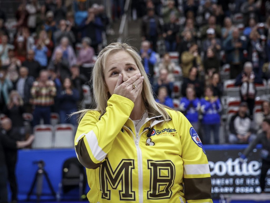 Team Manitoba-Jones skip Jennifer Jones becomes emotional after being defeated by Team Ontario-Homan in the final at the Scotties Tournament of Hearts in Calgary, Sunday, Feb. 25, 2024. THE CANADIAN PRESS/Jeff McIntosh