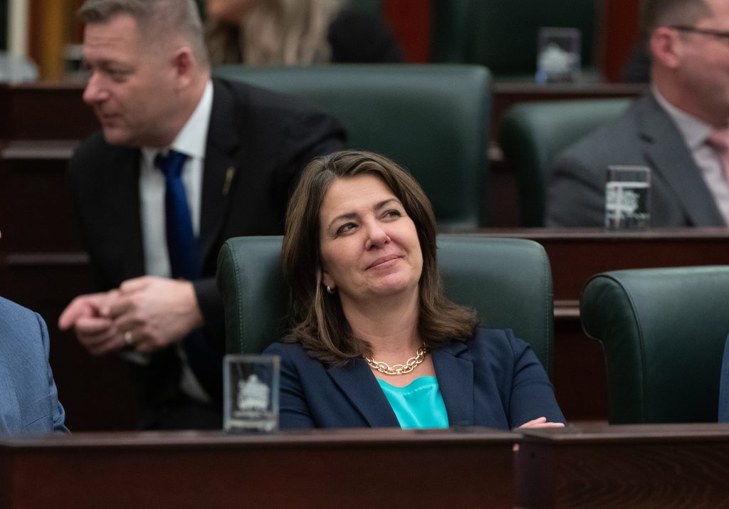 Alberta Premier Danielle Smith looks to the gallery as the 2024 budget is delivered in Edmonton