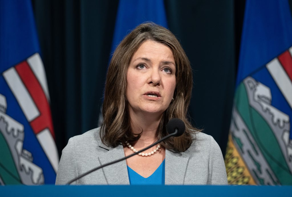 Alberta Premier Danielle Smith answers questions at a news conference in Calgary on Thursday, February 1, 2024