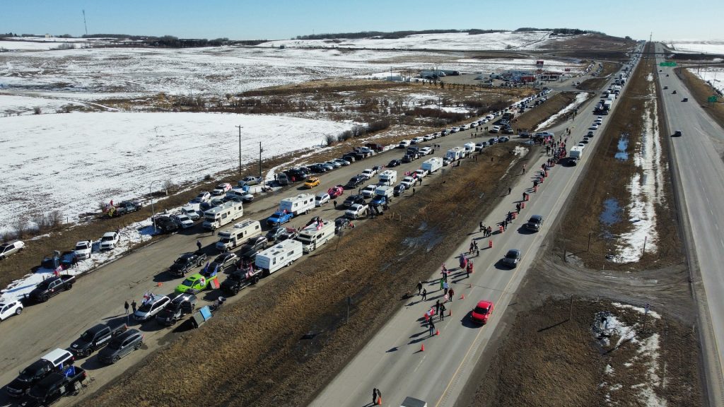 There is significant disruptions in traffic on Highway 1 west of Cochrane Monday morning due to a demonstration protesting an increase to the federal carbon tax. (Nick Blakeney, CityNews image)