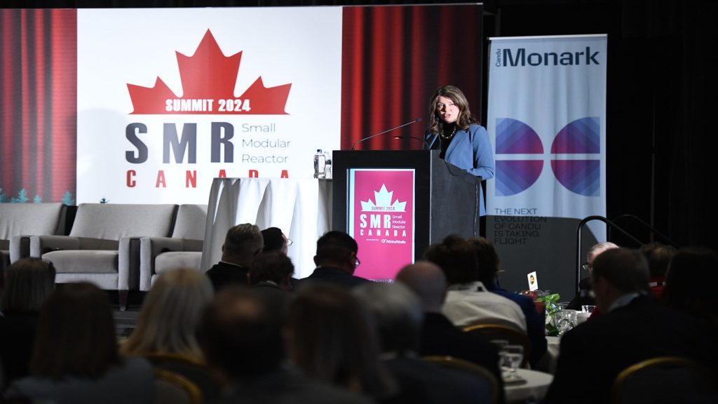Alberta Premier Danielle Smith speaks at the Small Modular Reactor Canada Summit in Calgary on Tuesday, April 2, 2024. (X, @ABDanielleSmith)