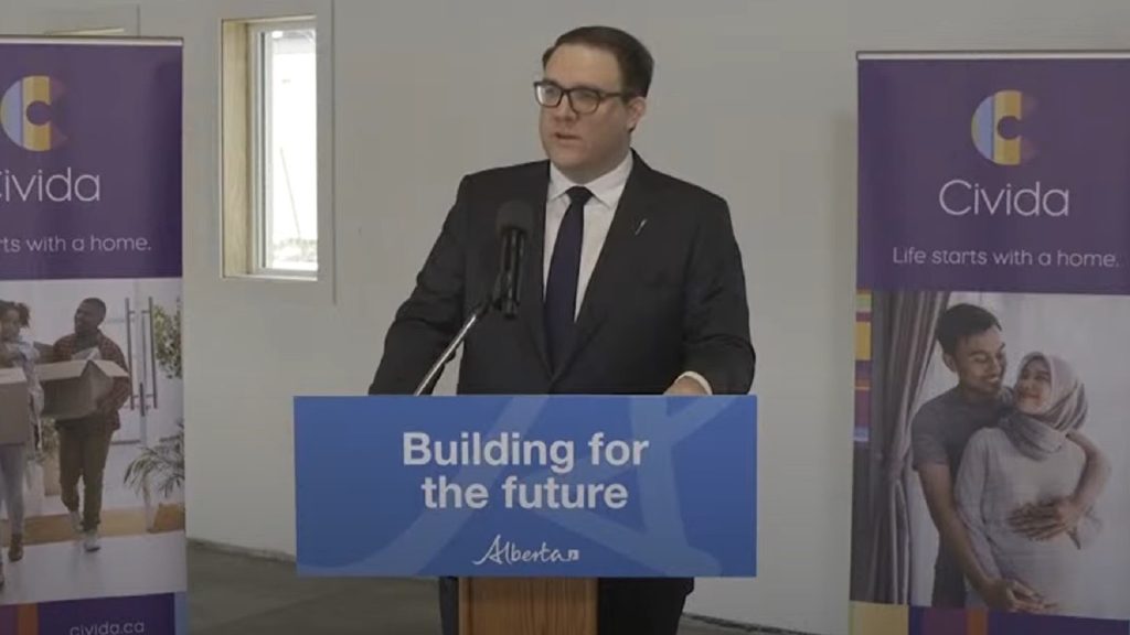 Ministers of Seniors, Community, and Social Services, Jason Nixon, speaks at an announcement on funding for subsidized housing in Edmonton on Tuesday, April 16, 2024. (Government of Alberta)
