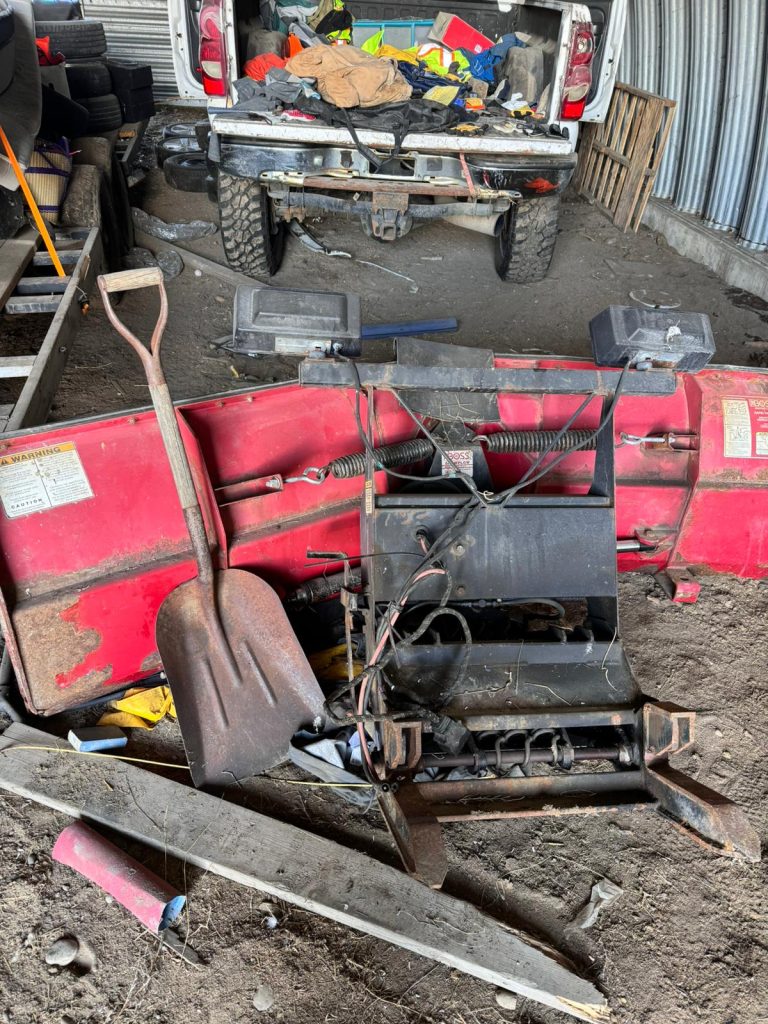 Police officers found 12 stolen pick-up trucks, a stolen travel trailer, two stolen utility trailers, and two stolen dirt bikes at a rural property in Vulcan County on April 9, 2024. A thirty-year-old man from Okotoks is now facing charges. (Courtesy RCMP)