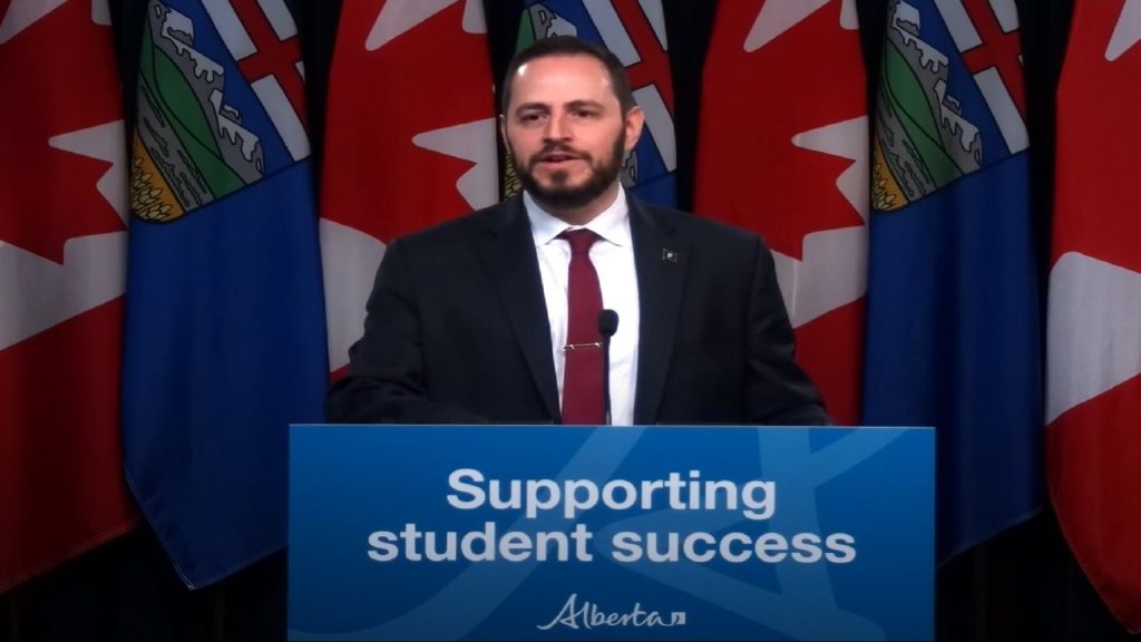 Minister of Education Demetrios Nicolaides speaks at an announcement on the Alberta K-6 social studies curriculum on Friday, April 26, 2024. (YourAlberta)