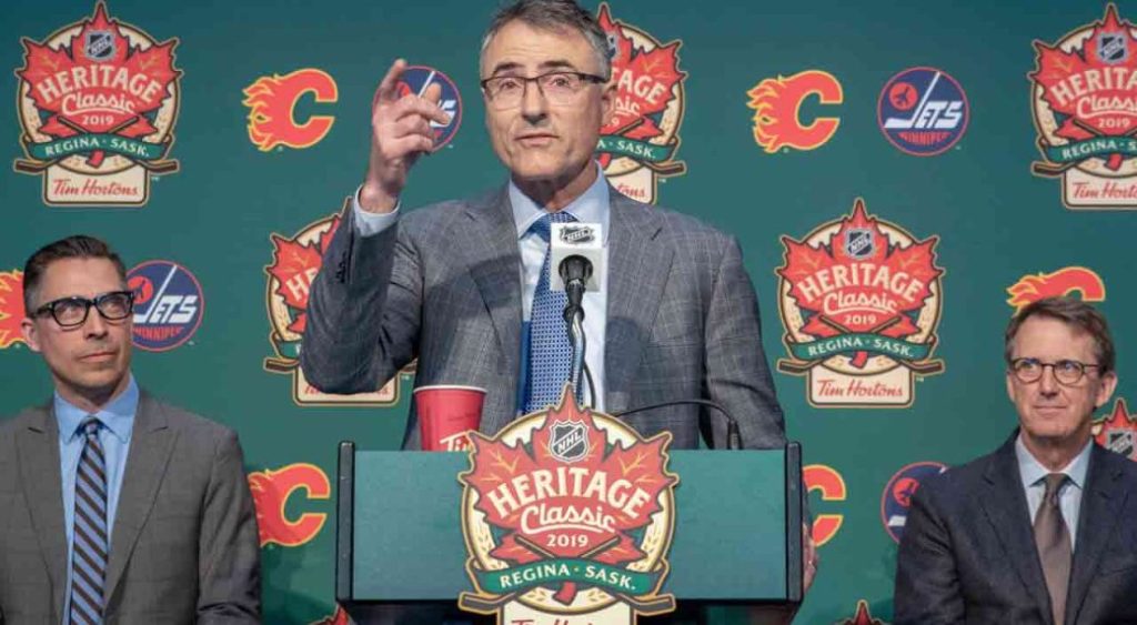 REGINA, SK - MARCH 15: Calgary Flames/Calgary Sports & Entertainment Corporation President & COO John Bean speaks during the 2019 Heritage Classic press conference at Mosaic Stadium on March 15, 2019 in Regina, Saskatchewan, Canada. (Photo by Peter Scoular/NHLI via Getty Images)