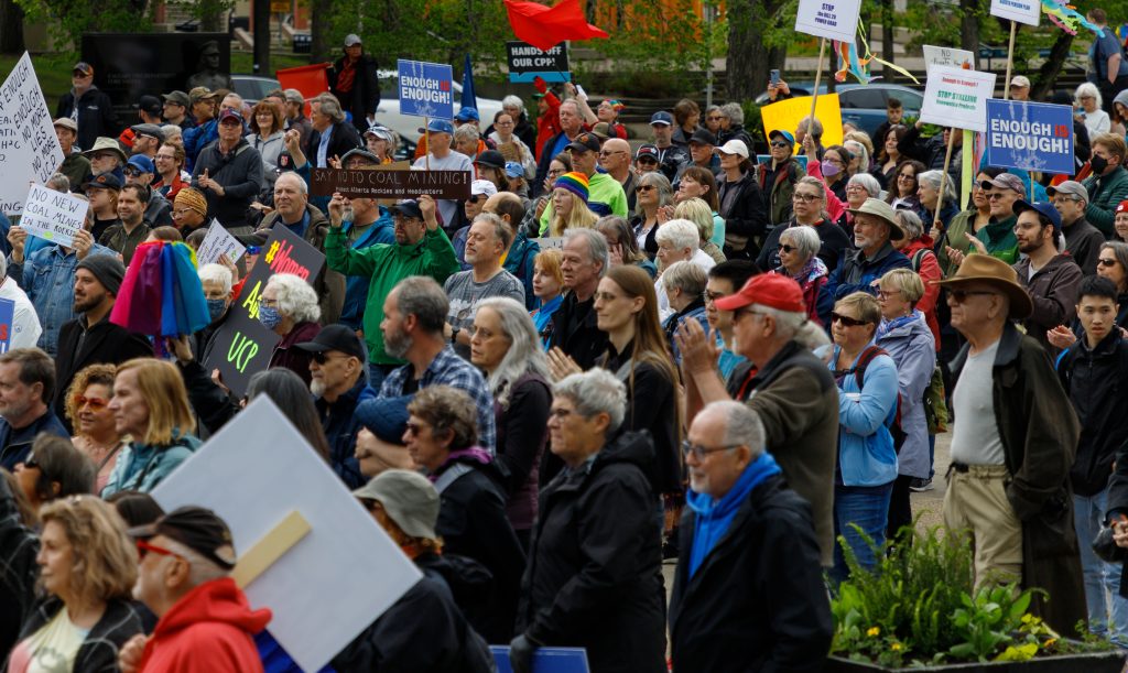 Protestors at the Municipal Plaza in Calgary rail against the United Conservative government and Premier Danielle Smith
