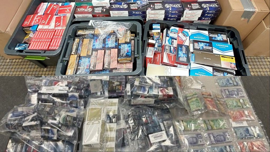 Calgary police have charged five people with trafficking contraband cigarettes throughout the city's downtown core. Cigarettes and money seized during searches are shown in handout photos. (Courtesy Calgary police)