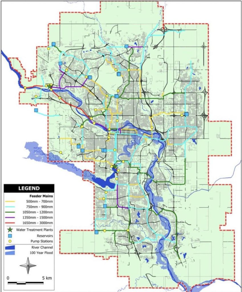 A map of the City of Calgary's water infrastructure. The red line in the northwest is the Bearspaw feedermain line