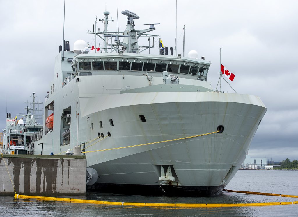 The future HMCS Margaret Brooke, is docked at a ceremony in Halifax