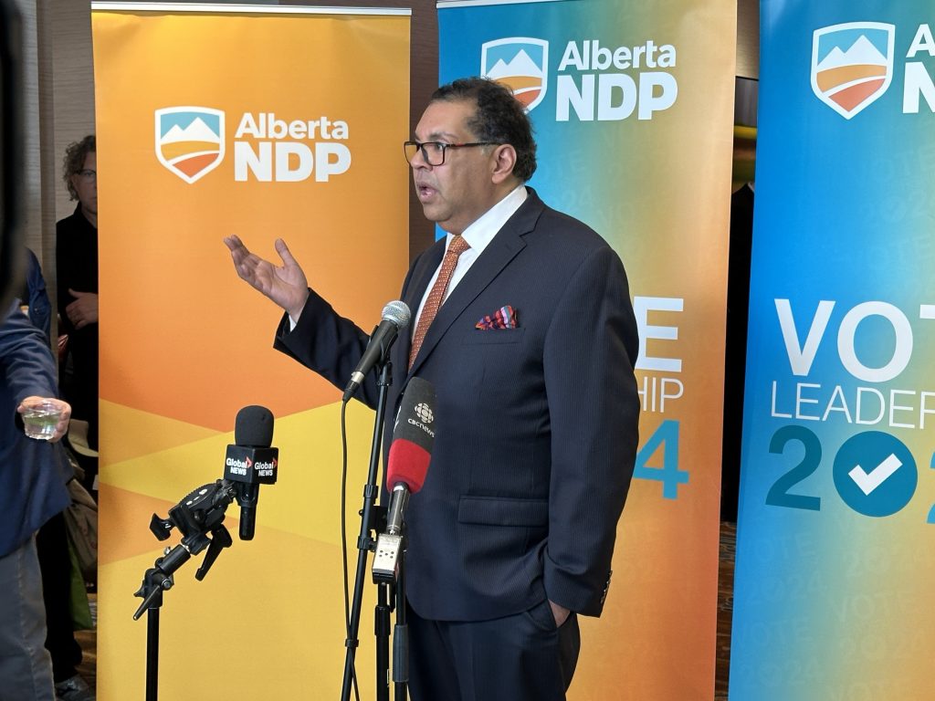 New Alberta NDP leader Naheed Nenshi speaks with media after the announcement of his win in Calgary on Saturday, June 22, 2024. He won with 86 per cent of the vote