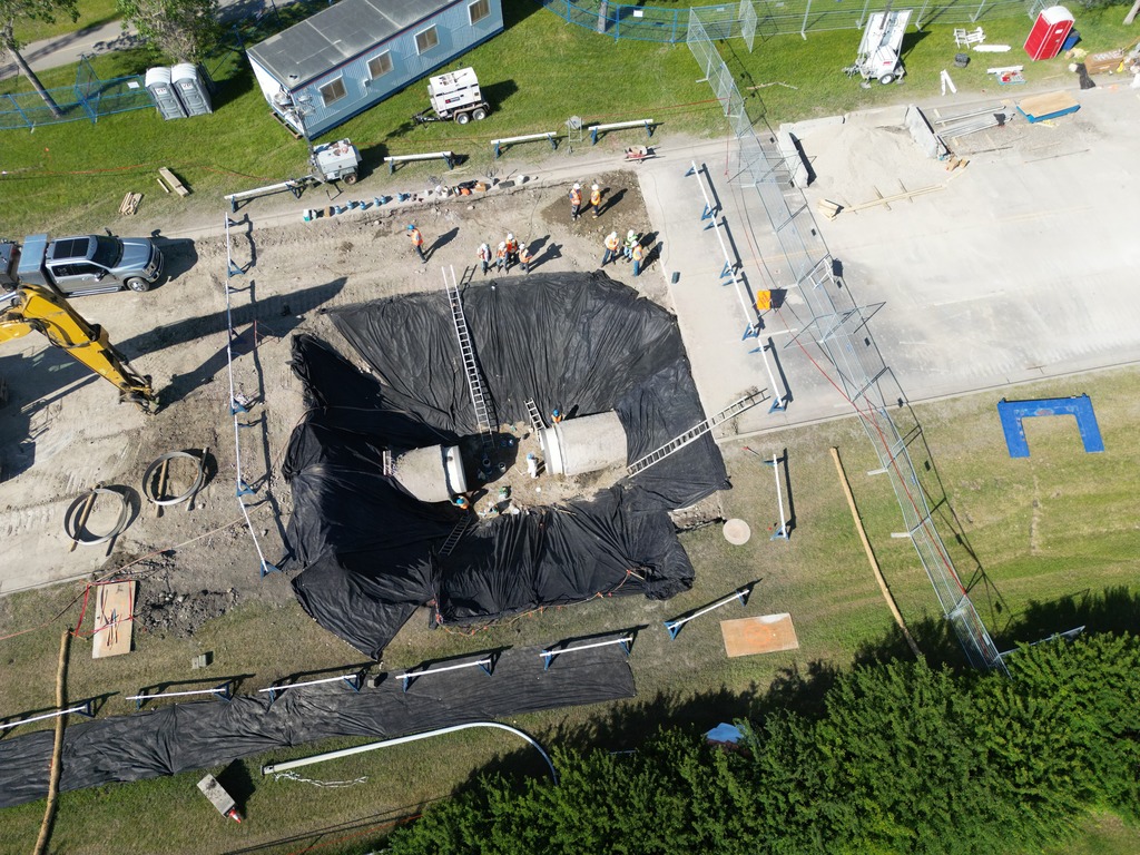 An aerial view of the repair process made on the water main in Calgary on Sunday, June 23, 2024.